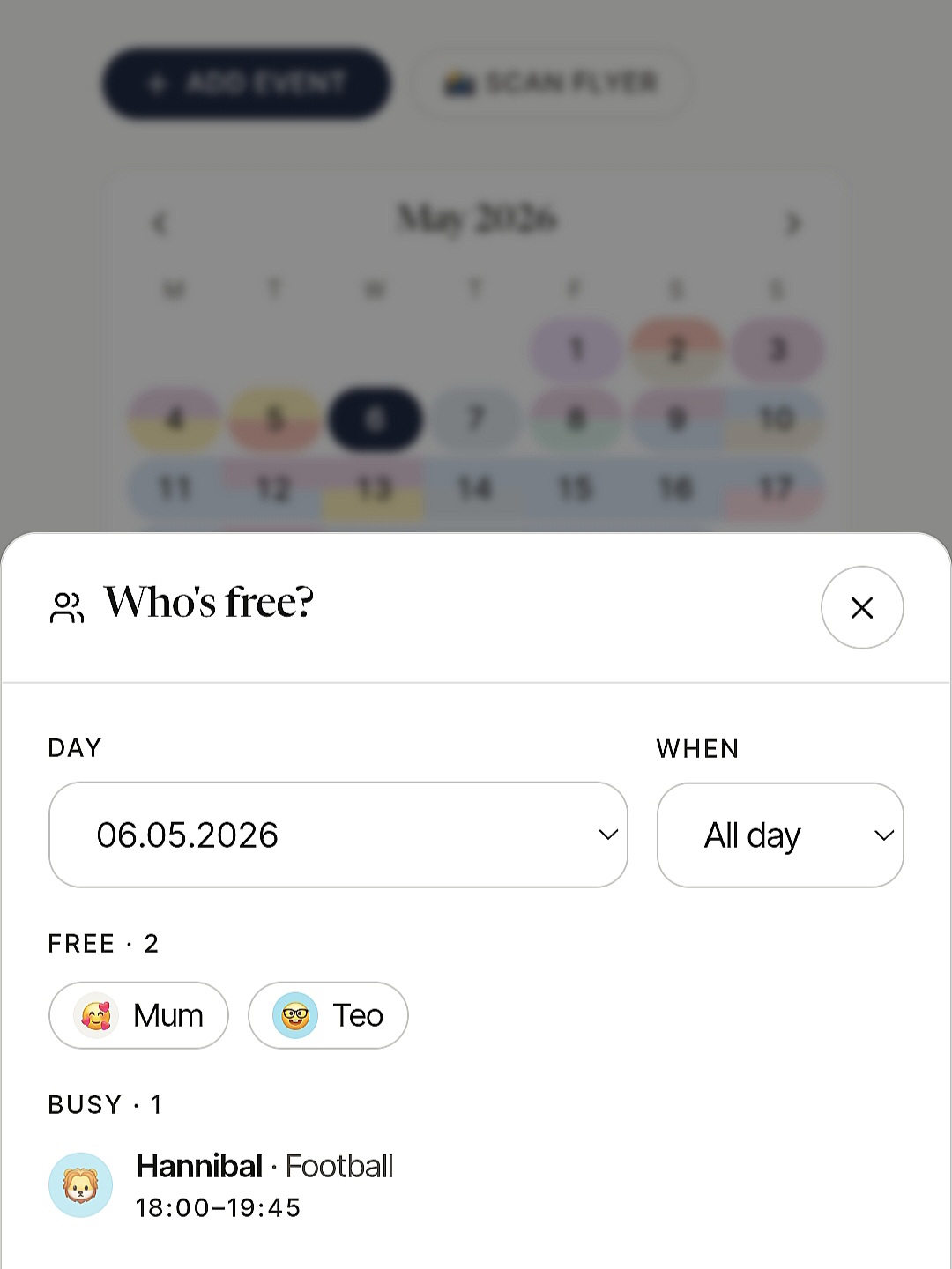 FamFeel dashboard preview Who's free?